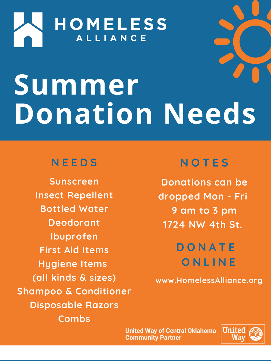 HomelessOKC's tweet photo. Oklahoma may have experienced a temporary respite from the extreme heat, but when you are living outside, it's still just as miserable. We have ongoing summer donation needs including water, bug spray, deodorant, sunscreen and more. Please help if you can! https://t.co/O8zfNkgEaj