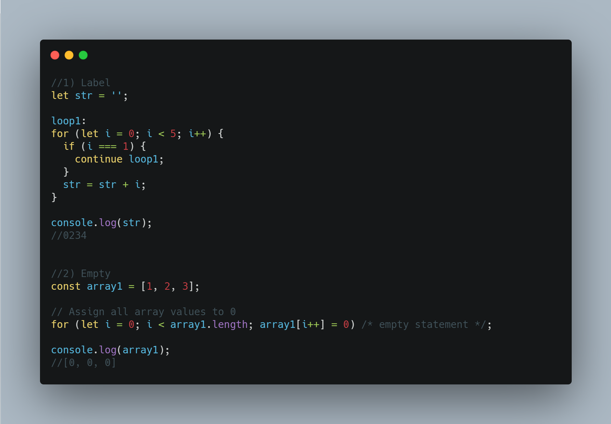 frontend_fox's tweet image. Day 97 of the #100DaysOfCode challenge.
Here is how to use an empty statement & labeled statement in javascript.
#javascript #reactjs #womenintech #FrontEnd #WomenWhoCode