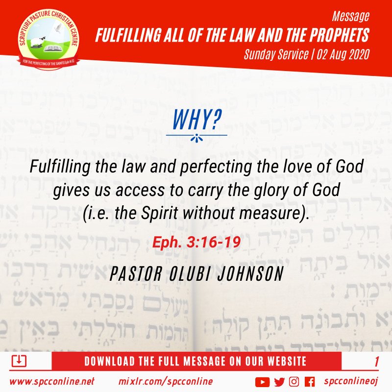spcconlineoj's tweet image. SUNDAY, 2ND AUGUST 202O

SERMON: FULFILLING ALL OF THE LAW &amp;amp; THE PROPHETS (CONT'D)

PST. OLUBI JOHNSON @olubijohnson 

#sundayservice #sermonnote #OJsermon