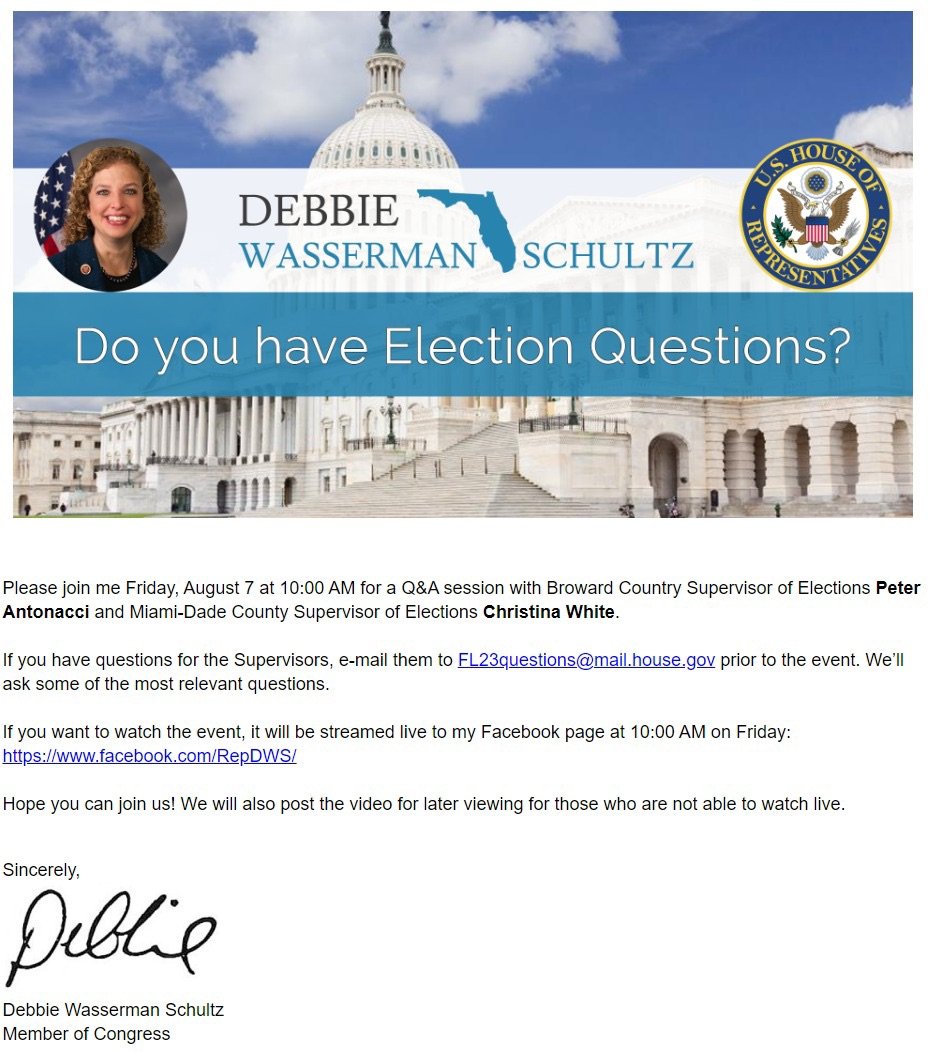 NEWS: Rep Debbie Wasserman Schultz is hosting election Q & A w/ Broward Cty Elections Supervisor Pete Antonacci...1 day b4 early voting begins in 8/18 primary bw DWS &  @JENFL23.In 2016, ex-supervisor Brenda Snipes illegally destroyed paper ballots in DWS vs  @Tim_Canova (thread)