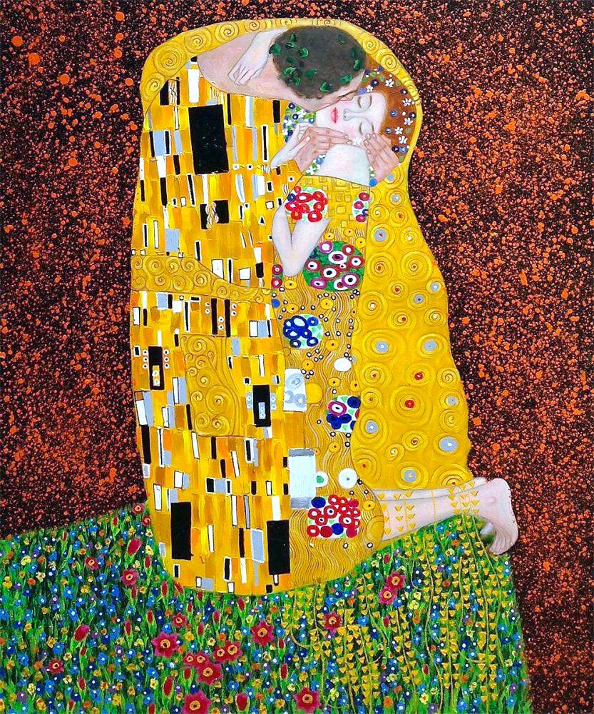 Here’s The Kiss (1907-8) by Gustav Klimt. It’s intense passion, use of gold, & millefiori-style colours stand out as a masterpiece of Viennese art.