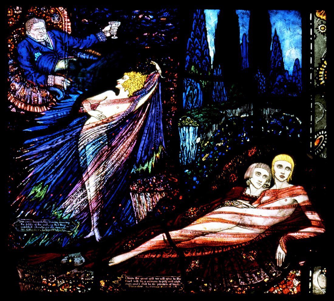 Harry Clarke is one of the key Western artists in his creation of astonishing stained glass. His Geneva Window (1927) includes many beautiful Irish lovers. Clarke is relatively unknown outside of Ireland as much of his amazing work is housed in churches up & down the country