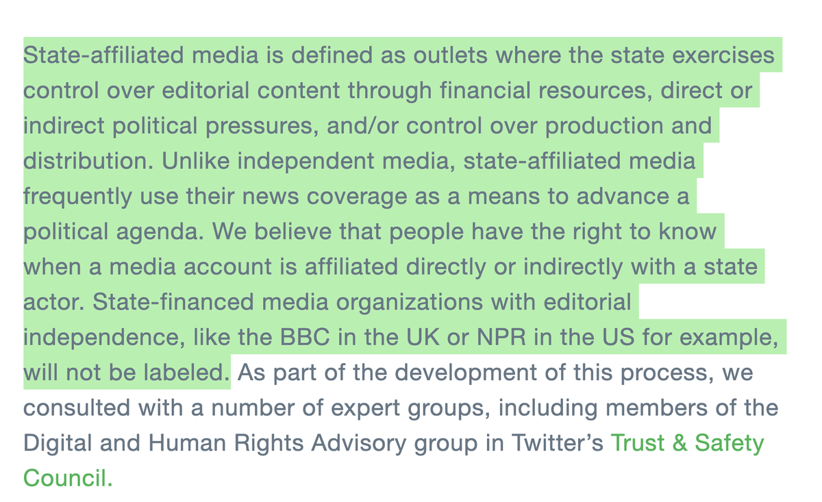 Twitter says media outlets that are partly or wholly funded by a state but are allowed to maintain editorial independence, "like the BBC in the UK or NPR in the US for example", will not be labelled. Voice of America and Radio Free Europe/Radio Liberty have also not been labelled