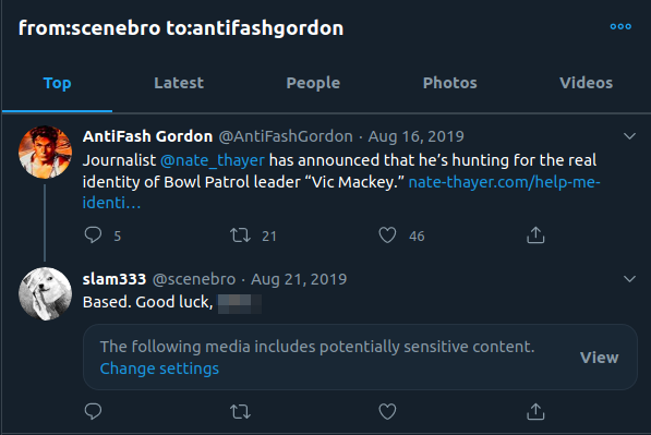 (Thread) Ever wonder what a Bowl Patrol fanboy looks like? While hunting "Vic Mackey" with  @anonymouscommie we found many interesting leads along the way, each of which had to be checked out. One of them was @/scenebro. He seems to be a fan of Vic.