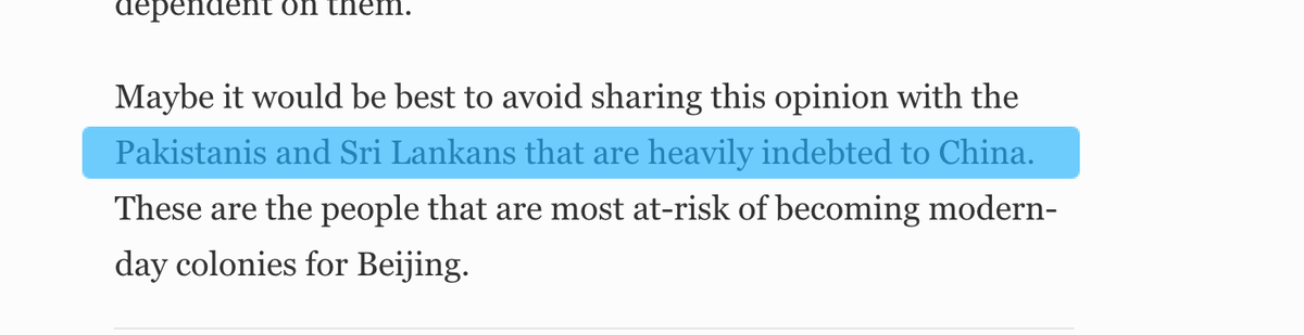 And he finally finishes with this nonsense. Only 1/10th of Pakistan's external debt is with China. Sri Lanka also has more debt with IMF and other neoliberal European institutions.