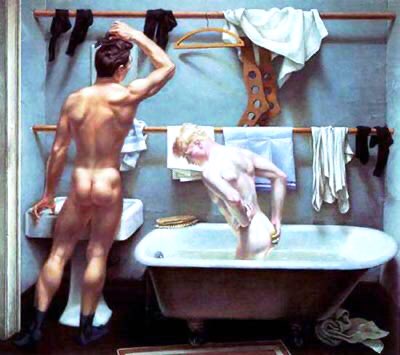 American Paul Cadmus, one of the finest painters of the human form, painted Jerry in 1931. It’s an intense & intimate picture of his lover Jared French. Another observation of forbidden love is his matter of fact scene of gay domesticity (The Bath, 1951)