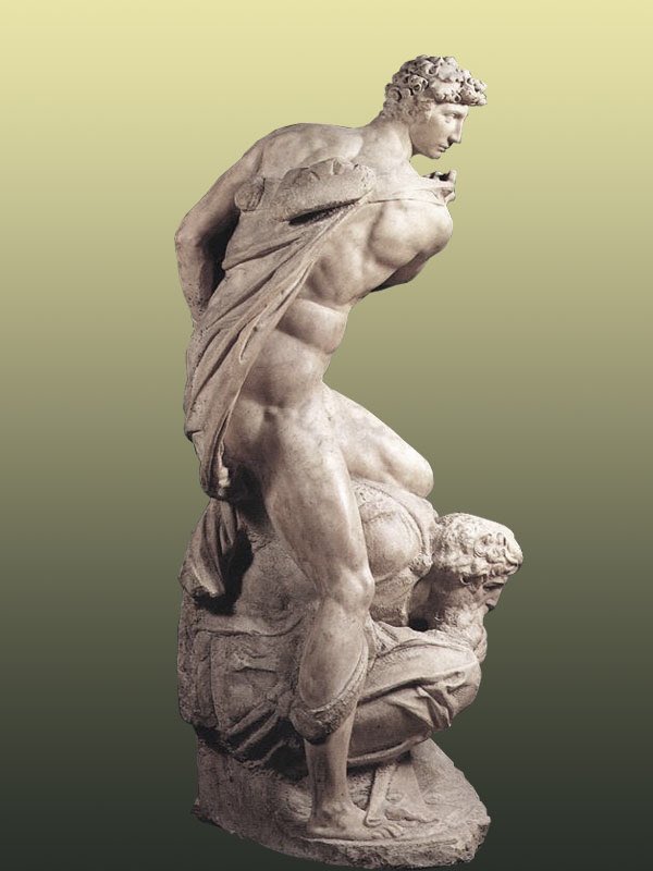 Michelangelo, the most famous Renaissance sculptor, depicted his love for Tommaso dei Cavalieri in his Genius of Victory (1532-4). The young muse stands with his foot on the artist’s head. Amor Vincit Omnia?