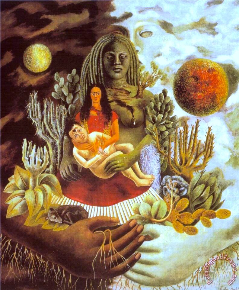 Frida Kahlo presents us with The Love Embrace of the Universe (1949). Here she’s seen holding her lover Diego Rivera. However I think she’s far more herself when on her own. Maybe that’s true love, to love yourself?