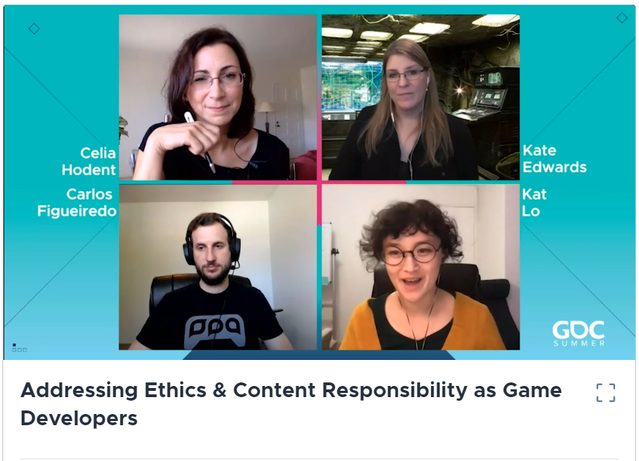 Now, wasn't that the most vibrant, exciting and fun panel in this <a href="/Official_GDC/">GDC Festival of Gaming</a> 2020? One hour was definitely not enough. Kudos to <a href="/CeliaHodent/">Celia Hodent</a> <a href="/geogrify/">Kate Edwards</a> <a href="/lolkat/">Kat Lo</a> and Carlos.

The discussion should definitely go ahead! 

#gamedev #ethics #gameindustry #content #gdc #gdcsummer