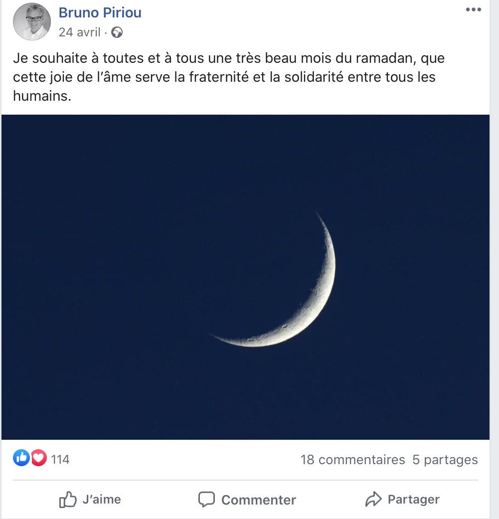 On notera également que, pendant la campagne des municipales,  #Piriou a posté des messages pour des fêtes religieuses, mais presque exclusivement musulmanes. Un élu ne devrait pas s’immiscer dans la vie religieuse, mais s’il le fait, il ne doit pas privilégier un culte.