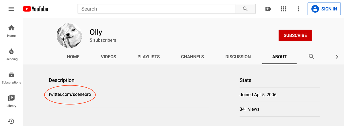 Googling "scenebro" we found a reference to a YouTube channel. It's nice that the "about" page points right to his twitter account. The screen name is "Olly" now but it has been "Slam DSA" in the past. His old Google+ name was also "Olly." YouTube vanity URL is "wotcha."