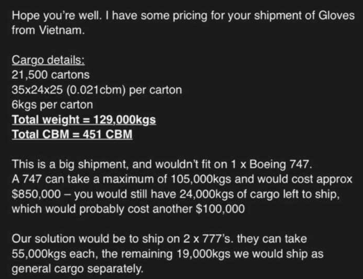 FFP2 masks – a box of ten weighs 0.5kg. IIR masks – a box of 50 weighs 0.5kg.So that’s a total weight of 50m/10x0.5kg (2.5m kg) plus 150m/50x0.5kg (1.5mkg) = 4m kg.A 747 takes about 105,000 kgs so that’s 38 747s at roughly $0.85m each or another £25m saved for Ayanda. /7