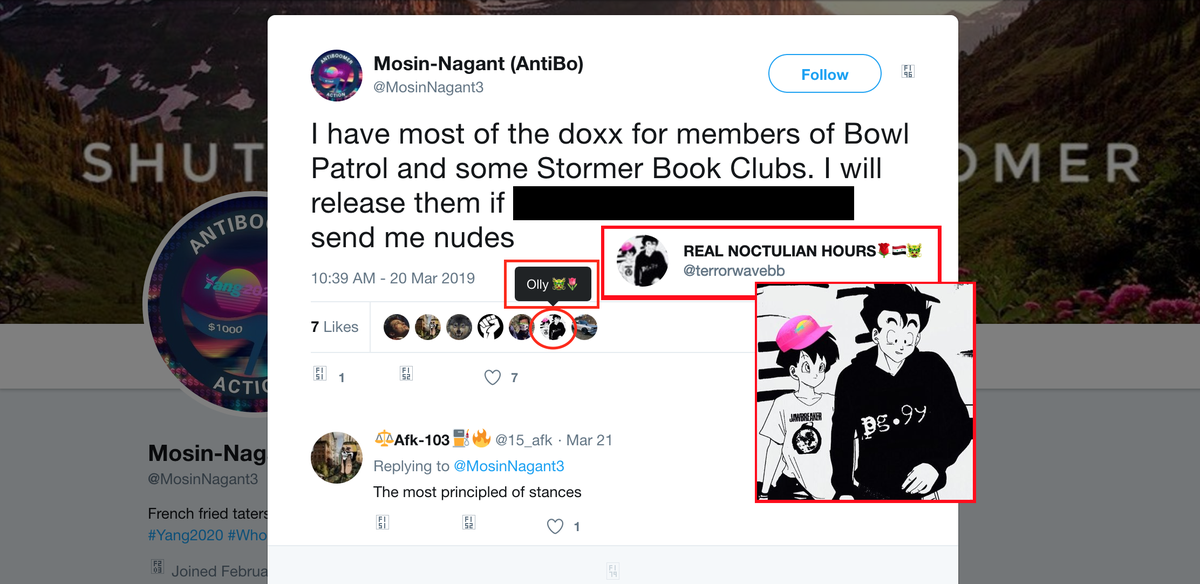 He also used the screen name "Olly" sometimes when he had previously tweeted as @/terrorwavebb. He had liked/commented on posts by known Bowl Patrol types, like "Mosin-Nagant."  https://web.archive.org/web/*/twitter.com/terrorwavebb/*In fact his current lists are full of Nazis, racists and fascists.