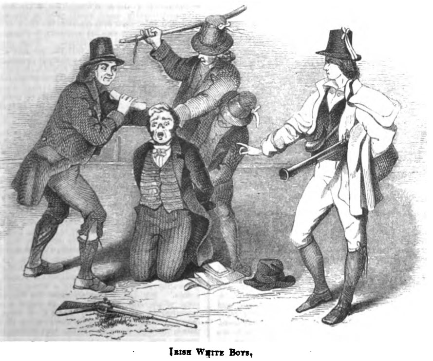 The Whiteboys were a secret society in 18th century Ireland who intimidated and beat landlords and debt collectors, and harassed British garrisons. They opposed rack-rents, tithes to the Church of Ireland and evictions, and destroyed obstructions to the Gaelic common land system.
