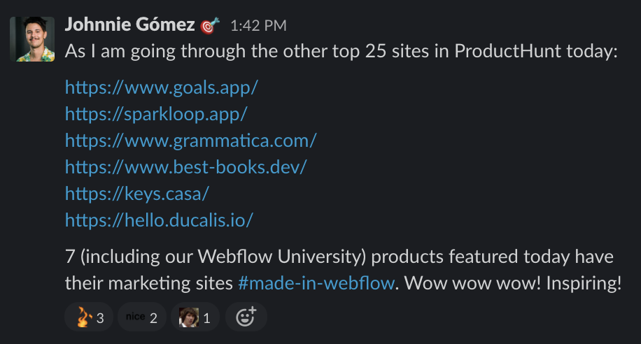 brryant (@bryantchou) on Twitter photo Whoa - <a href="/callmejohnnie/">It’s Johnnie</a> found 7 out of 25 <a href="/ProductHunt/">Product Hunt 😸</a> hunts are built in <a href="/webflow/">Webflow</a> Check em out!
goals.app
sparkloop.app
grammatica.com
best-books.dev
keys.casa
hello.ducalis.io Whoa - <a href="/callmejohnnie/">It’s Johnnie</a> found 7 out of 25 <a href="/ProductHunt/">Product Hunt 😸</a> hunts are built in <a href="/webflow/">Webflow</a> Check em out!
goals.app
sparkloop.app
grammatica.com
best-books.dev
keys.casa
hello.ducalis.io