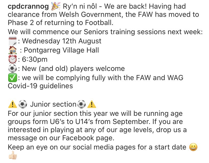 Cpdcrannog's tweet photo. 📣 Pre-season Training📣 
Ry’n ni nôl - We are back 😀
Come join us next Wednesday, New and old players welcome ⚽️⚽️
@SCards_Football https://t.co/yRlzTp72e2