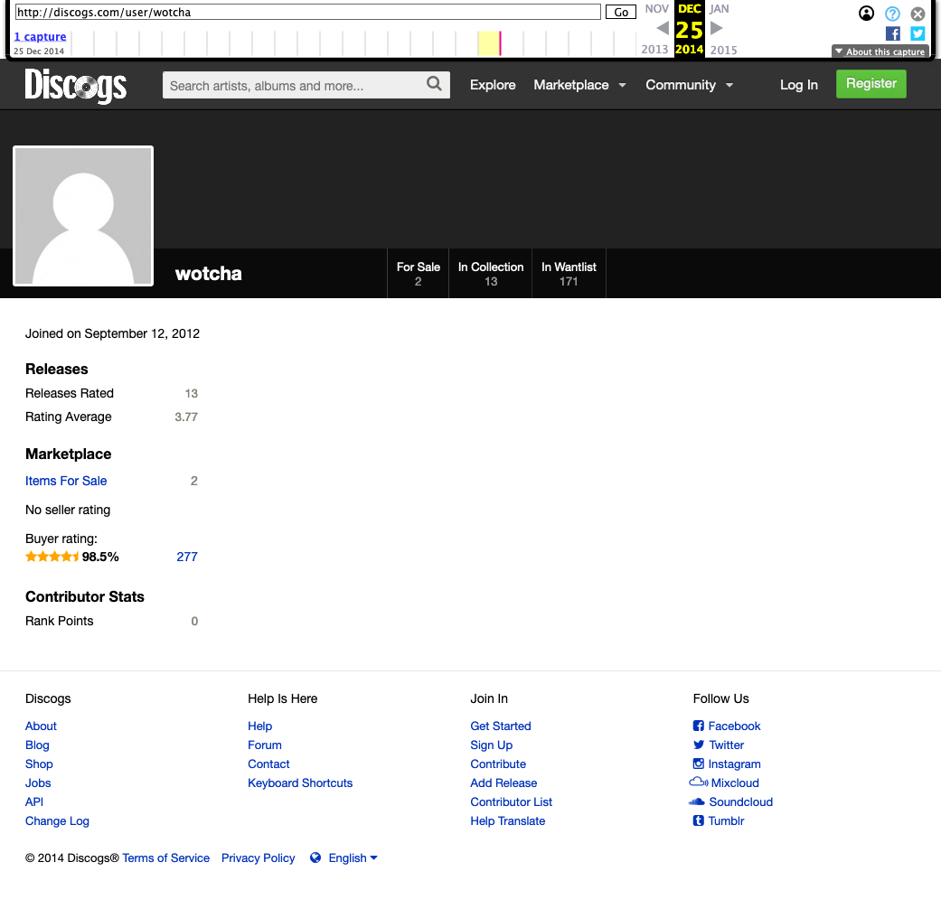 We found a user on  http://Last.fm&nbsp; with a user name of "wotcha," same as the YouTube URL, as well as a deleted  http://discogs.com&nbsp; account named "wotcha." The only video on Olly/Slam DSA/wotcha's YouTube is linked to a discogs page for the same San Francisco indy band