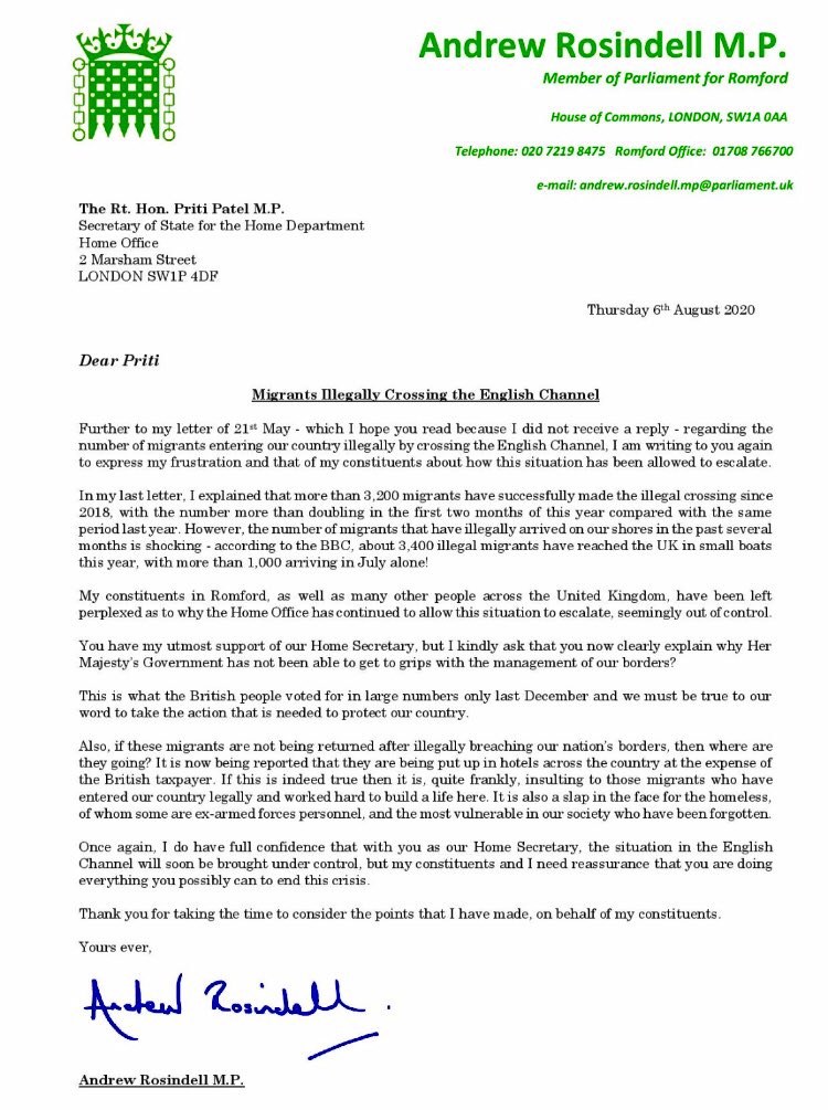 AndrewRosindell's tweet image. Today, I have written to The Rt. Hon. Priti Patel MP @pritipatel to again express my frustrations and those of my constituents, about illegal migrants crossing the English Channel which continues to escalate. Firm action to stop this is needed NOW Home Secretary!