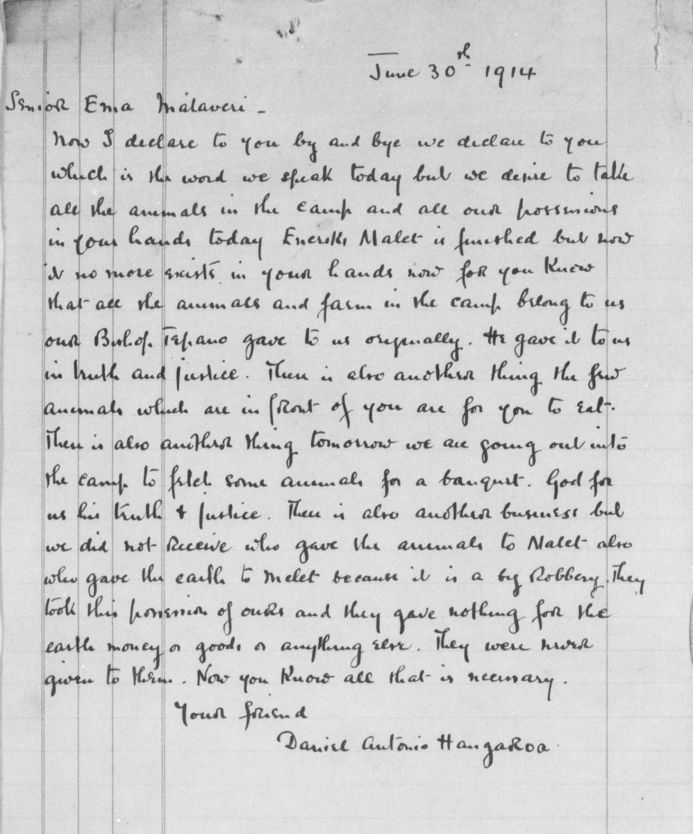 Daniel Teave, quien aprendió a escribir en forma autodidacta (no había escuela en la isla), escribió una carta al "todopoderoso" Percy Edmunds. Angata, Teave y Teao la entregaron personalmente en la casona de Mataveri.Original perdida. Esta trad. al inglés la hizo K. Routledge