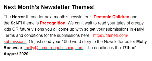 Jess_Haines's tweet photo. @fantasymagazine @flametreetweet They do! A couple of flash fic pieces in every newsletter. They put out a call for subs at the end. Sub guidelines: https://t.co/rGEMJ7CHYi and this month's call if you're interested: https://t.co/53UtVWSkTy