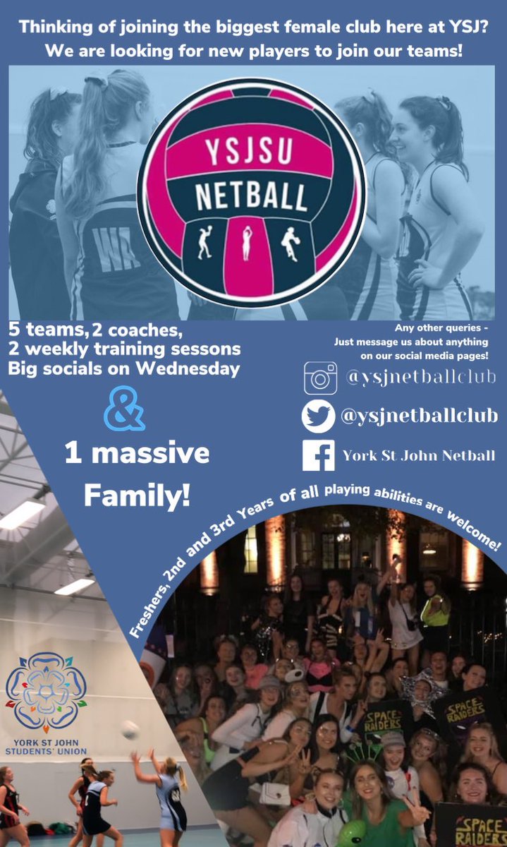 Thinking of joining a society when university starts in September? Why not be apart of the biggest female club at YSJ! Follow our social media pages to keep up to date with the club! Dont hesitate to message us if you have any question about the club or starting university! 💙