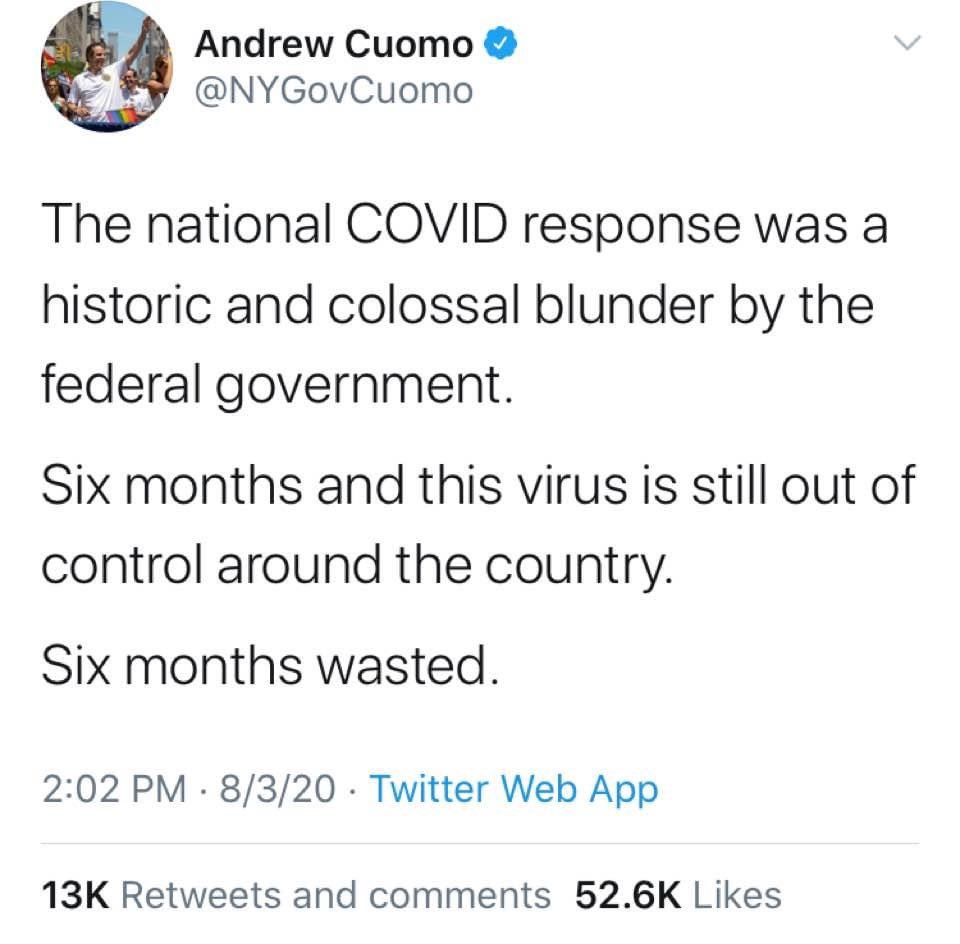The dictator <a href="/NYGovCuomo/">Archive: Governor Andrew Cuomo</a> ‘s  “colossal blunder” killed 12,000 elderly people in nursing homes. His politicizing of Covid also made doctors and hospitals refuse patients treatment for Covid. Instead they were forced onto ventilators to suffer and die.