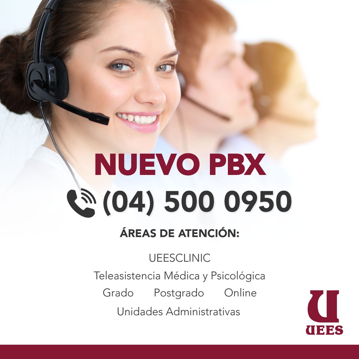 uees_ec's tweet photo. ¡NUEVO PBX!📞

Si desean comunicarse con las diferentes facultades o áreas de la #UEES, pueden hacerlo mediante el (04) 500 0950 y elegir la extensión correspondiente.

#EnConstanteInnovación https://t.co/7PR4PoKXOw