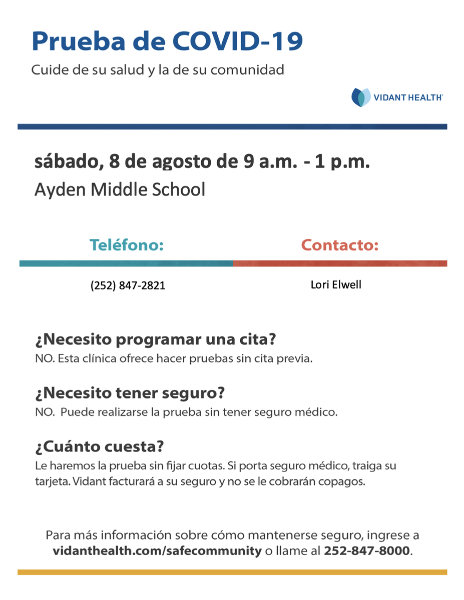 Did you miss the health department's testing today? No worries... @VidantWellness will be doing COVID-19 testing at <a href="/AydenMiddle/">Ayden Middle</a> school this Saturday.