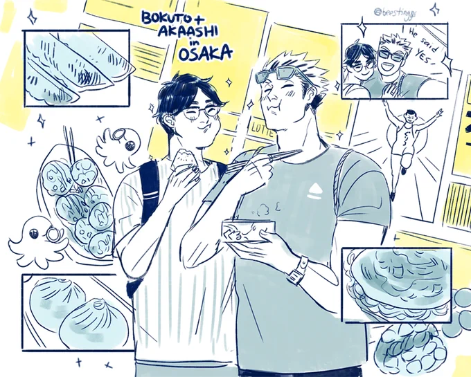 #bokuakaweek Day 6: Travel/Roadtrip!!! 

I READ THAT MSBY IS (founded??!) IN OSAKA!! Akaashi travels to osaka to have a rly good time eating all the goood fod and i miss osaka so much! 