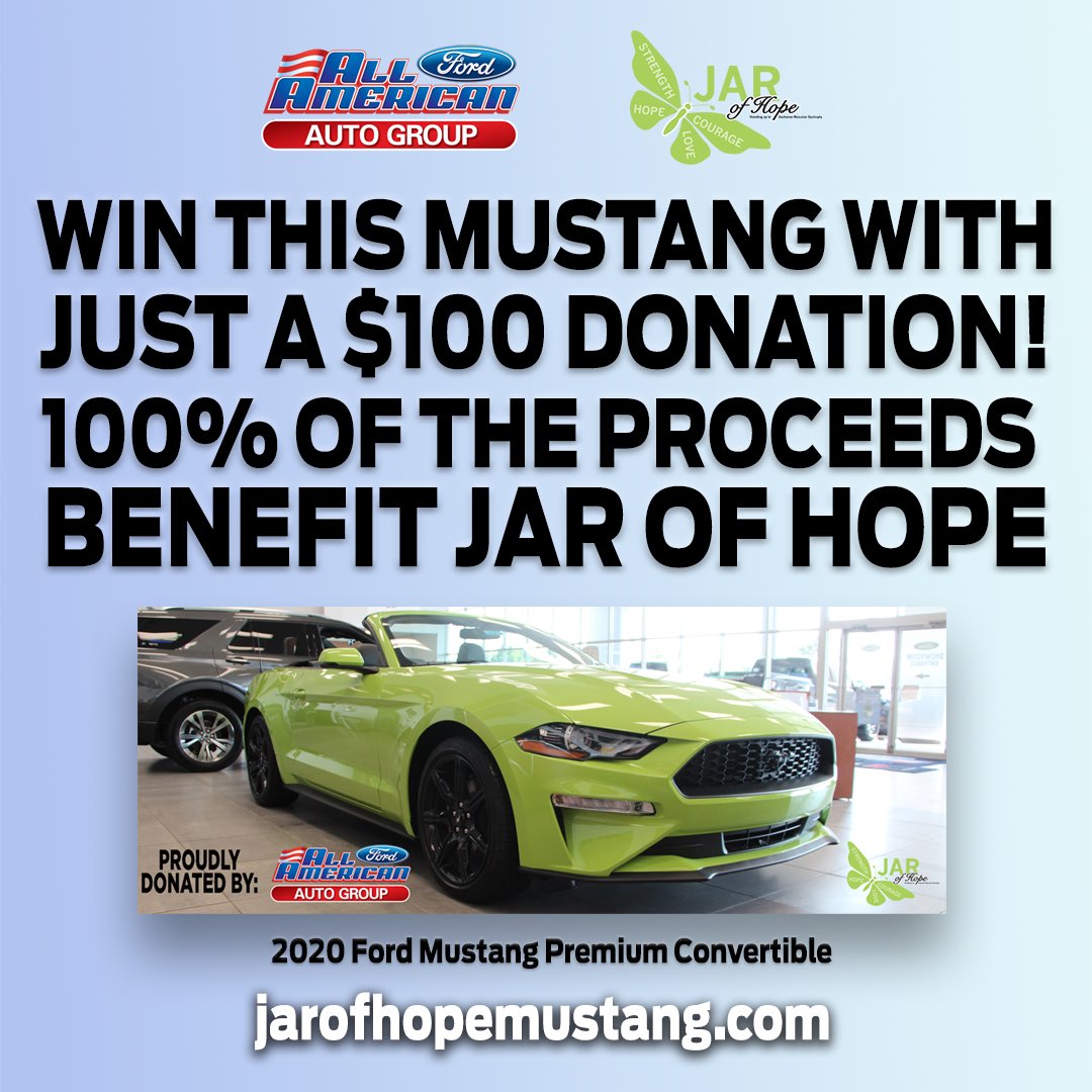 We are proudly donating this 2020 Mustang Convertible for JAR of Hope to raffle off! 100% of the proceeds will benefit JAR of Hope. An entry into the raffle is just a $100 donation! A limited number of entries will be sold.

jarofhopemustang.com