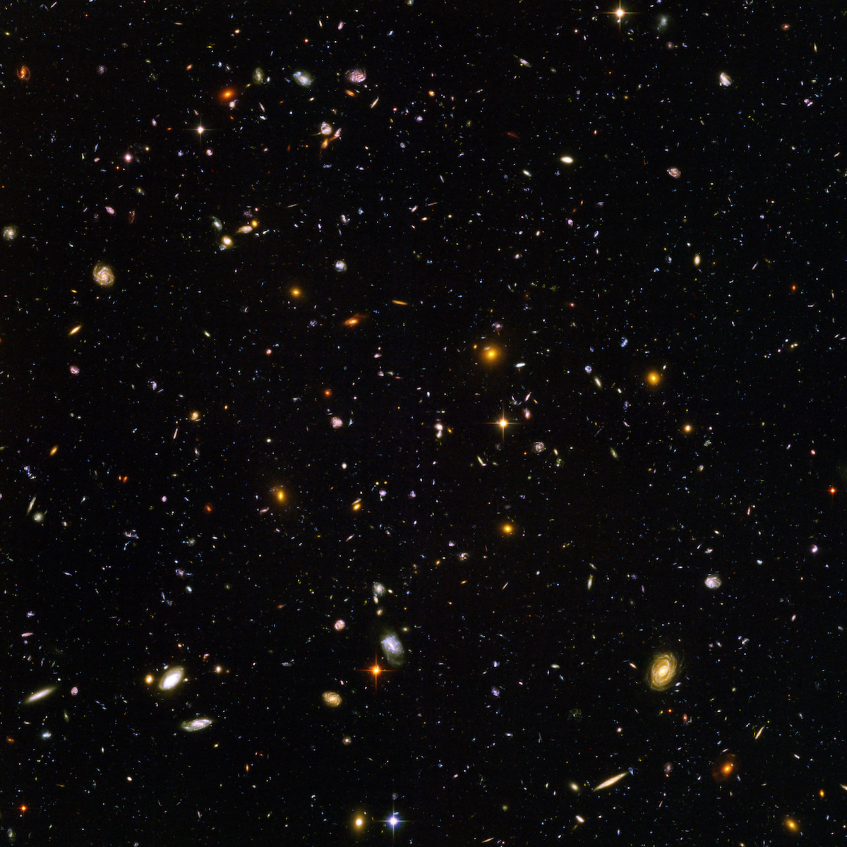 Now that we have the ability to see very deeply into space with telescopes, we know that there aren't just a few of these island universe, but hundreds of billions of them in the observable universe, in a variety of shapes, sizes, and ages. On the very largest scales...