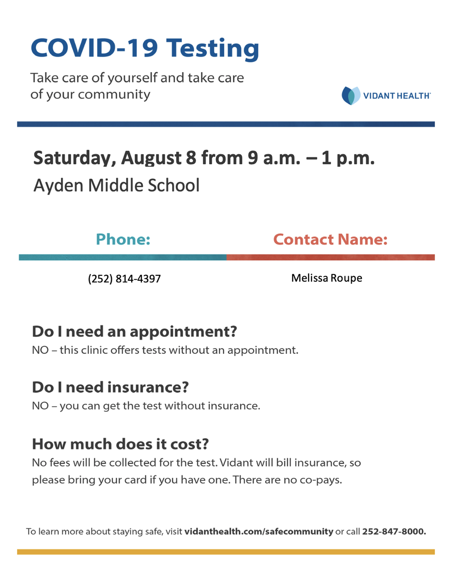 aydennc's tweet photo. Did you miss the health department's testing today? No worries... @VidantWellness will be doing COVID-19 testing at @AydenMiddle school this Saturday. https://t.co/Nfnhhru87o