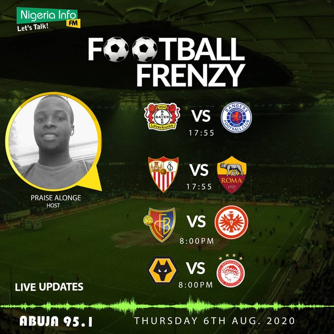 NigeriaInfoAbj's tweet photo. Live:
#FootballFrenzy
@NigeriaInfoAbj
August 06, 2020
#WeekdayShow
#ThursdayProgram
4-8 pm today.
With the #ATeam
Praise Alonge | @Jesupemi28
Listen here: https://t.co/wJUco5UBHL
Watch here: https://t.co/jTd576Kum6
#BeSafe
#WearMaskInPublic
#UEL https://t.co/Ccoem8gXMe
