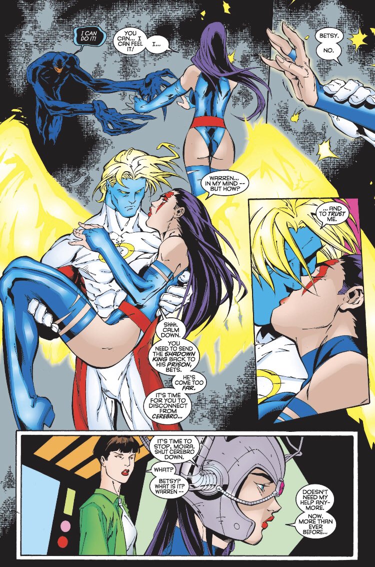 Wolverine 147While trying to stabilize both Wolverine and Angel from the effects of Apocalypse during The Twelve, the “soul” of SK re-emerges briefly. Warren steps in and saves Psylocke before she releases SK.