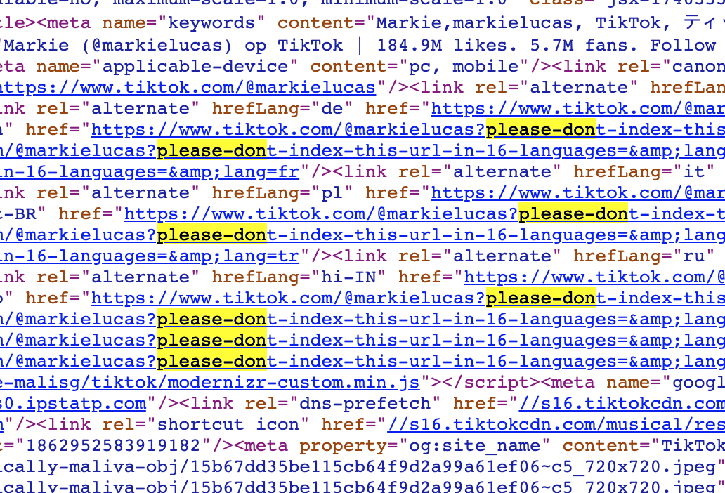 Also random parameters aren't stripped from the hreflang.This will sent Google on a wild goose chase.  https://www.tiktok.com/@markielucas?please-dont-index-this-url-in-16-languages/9