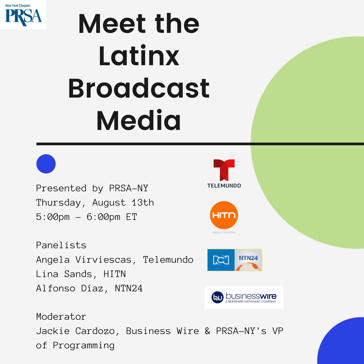 prsany's tweet photo. NEXT THURSDAY, 8/13. @prsany hosts "Meet the Latinx Broadcast Media." Featuring @angelavirvi, @Telemundo;  @LinaSands1, @hitn; &amp; @Alfonx, @NTN24. Moderator: @Jackie_Cardozo, @BusinessWire. #publicrelations #hispanicpr #mediarelations #PRSA

https://t.co/7o3MSEcAly https://t.co/4NM7bDgy21