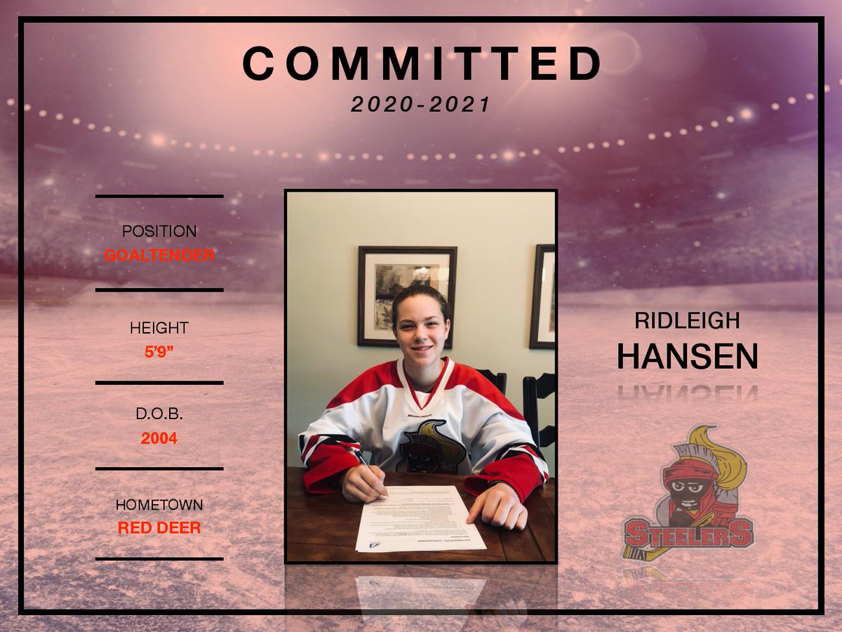 **SIGNING ALERT**

The PWM U18 AAA Steelers are proud to announce the signing of 2004 goalie Ridleigh Hansen. Ridleigh is a 2004 born goalie from Red Deer who spent the 2019-2020 season with the Red Deer Chiefs. 

Congratulations Ridleigh and looking forward to seeing you in camp