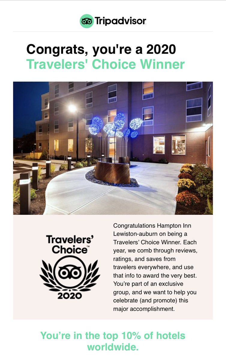HamptonLewiston's tweet photo. Adding another award to our belt!  Thank you TripAdvisor, our team here in Lewiston, Maine and all of our AMAZING guests who took the time to rate us. #Lewistonmaine #Hampton #tripadvisor https://t.co/U6grhiHOsZ