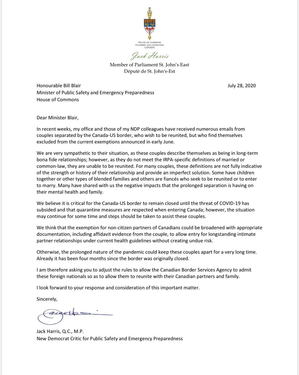 We thank <a href="/JackHarrisNDP/">Jack Harris</a> for writing this open letter to <a href="/BillBlair/">Bill Blair</a> supporting our cause. We also want to thank @BrianMasseMP and <a href="/theJagmeetSingh/">Jagmeet Singh</a> for their unwavering support. Let’s continue to advocate on this issue and help couples reunite. #LoveIsNotTourism #cdnpoli <a href="/NDP/">NDP</a>