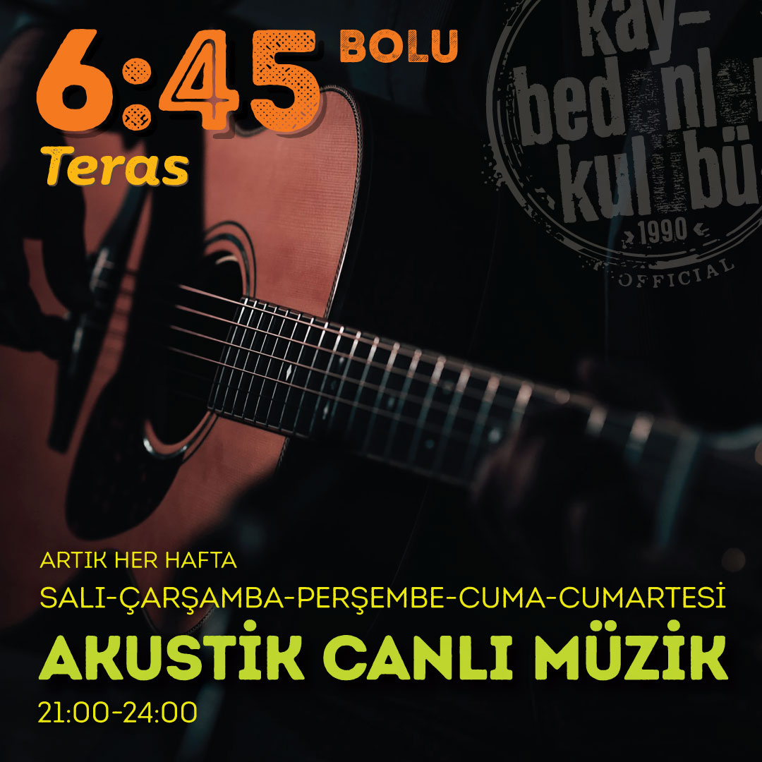 Açılıyoruz! 

Artık her hafta; SALI, ÇARŞAMBA, PERŞEMBE, CUMA ve CUMARTESİ 21.00 - 24:00 arası 6:45 KK Bolu TERAS' ta, Akustik Canlı Müzik var. 

*Hijyen kurallarına dikkat ediyoruz. Sağlığınız bizim için çok önemli...

#645kkbolu #bolu #durmaksızınmüzik