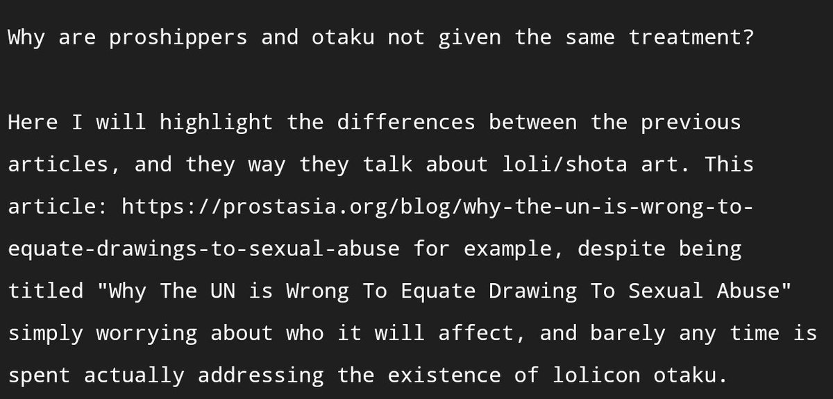 4. PatternIf youve noticed, there's a consistency in Prostasia's way of arguing for the existence of controversial content; suggesting that said content serves people that are completely unrelated from pedophilesWhy arent otaku and proshippers given the same treatment?