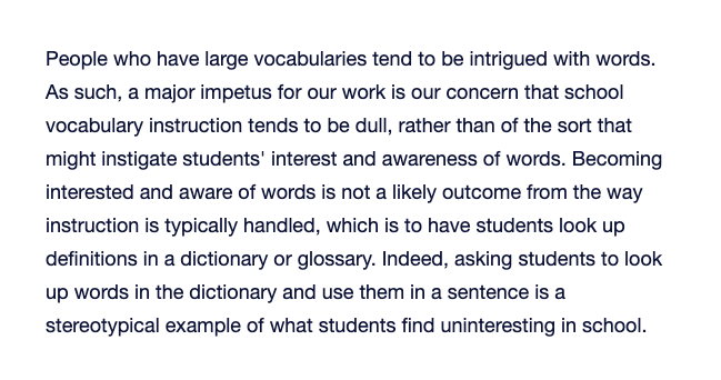 3. 'Using Oral Language to Build Young Children's Vocabularies' by Isabel Beck et al. The authors of this wrote the best book I've read on reading and vocabulary. This is a great introduction to some of their ideas.  https://www.aft.org/periodical/american-educator/spring-2003/taking-delight-words