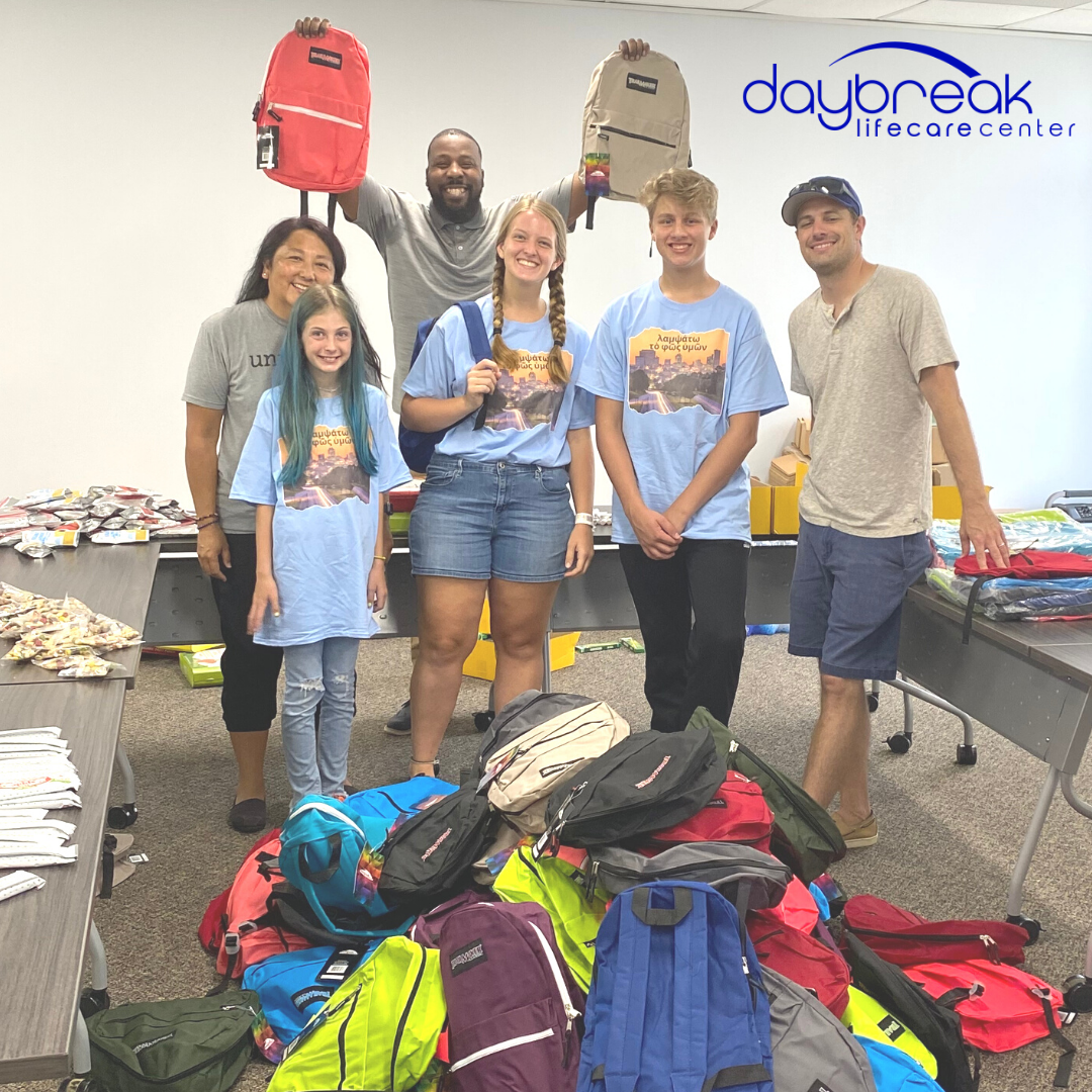 DaybreakCola's tweet photo. We want to give a special thank you to Grace Point Church for coming to help us prepare backpack giveaways for our Back-to-School Bash tomorrow from 10 AM - 2 PM at our LifeCare Center. https://t.co/Jw539Enknc