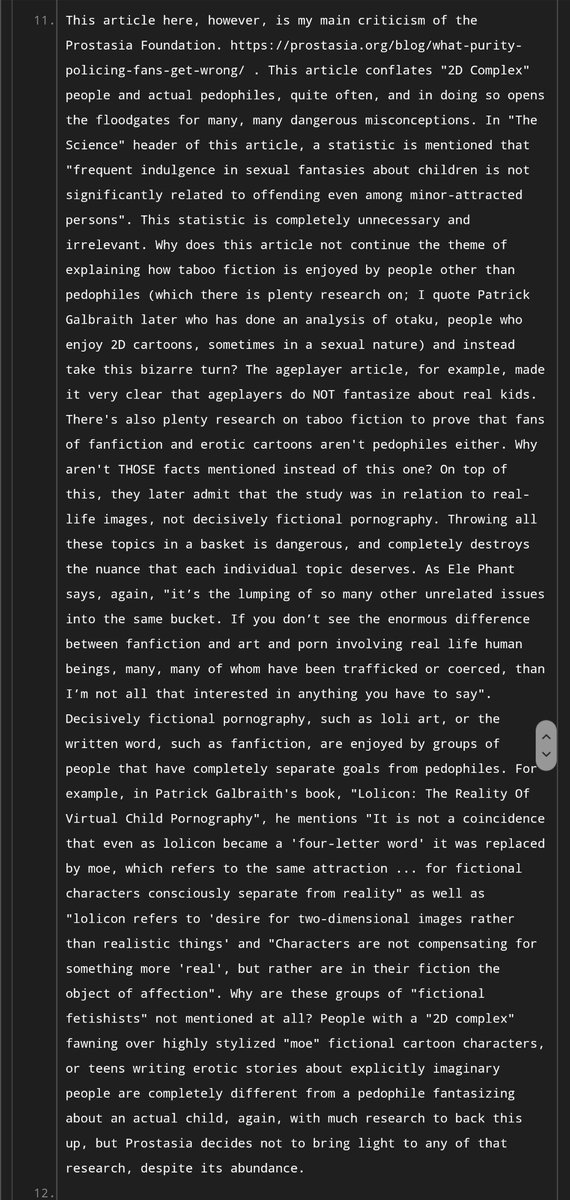 5. MisdirectionIn their article about "purity policing" they start to conflate things that REALLY don't belong together. Instead of arguing that "proshippers" have their own agenda, halfway through, Prostasia quotes a completely irrelevant quote about pedophiles reacting to