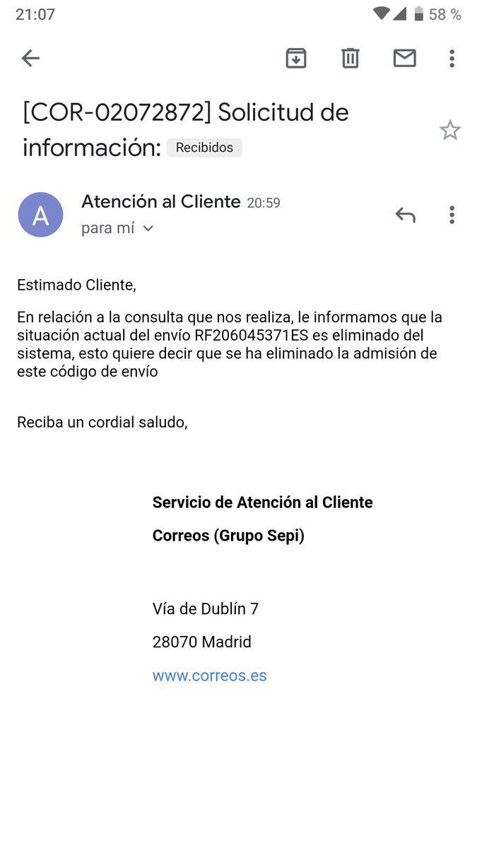 lua_mani's tweet photo. ...decirme dónde se encuentra mi envío y qué es lo que ha pasado. Esta ha sido la contestación al formulario : https://t.co/bGw3CuGqiu