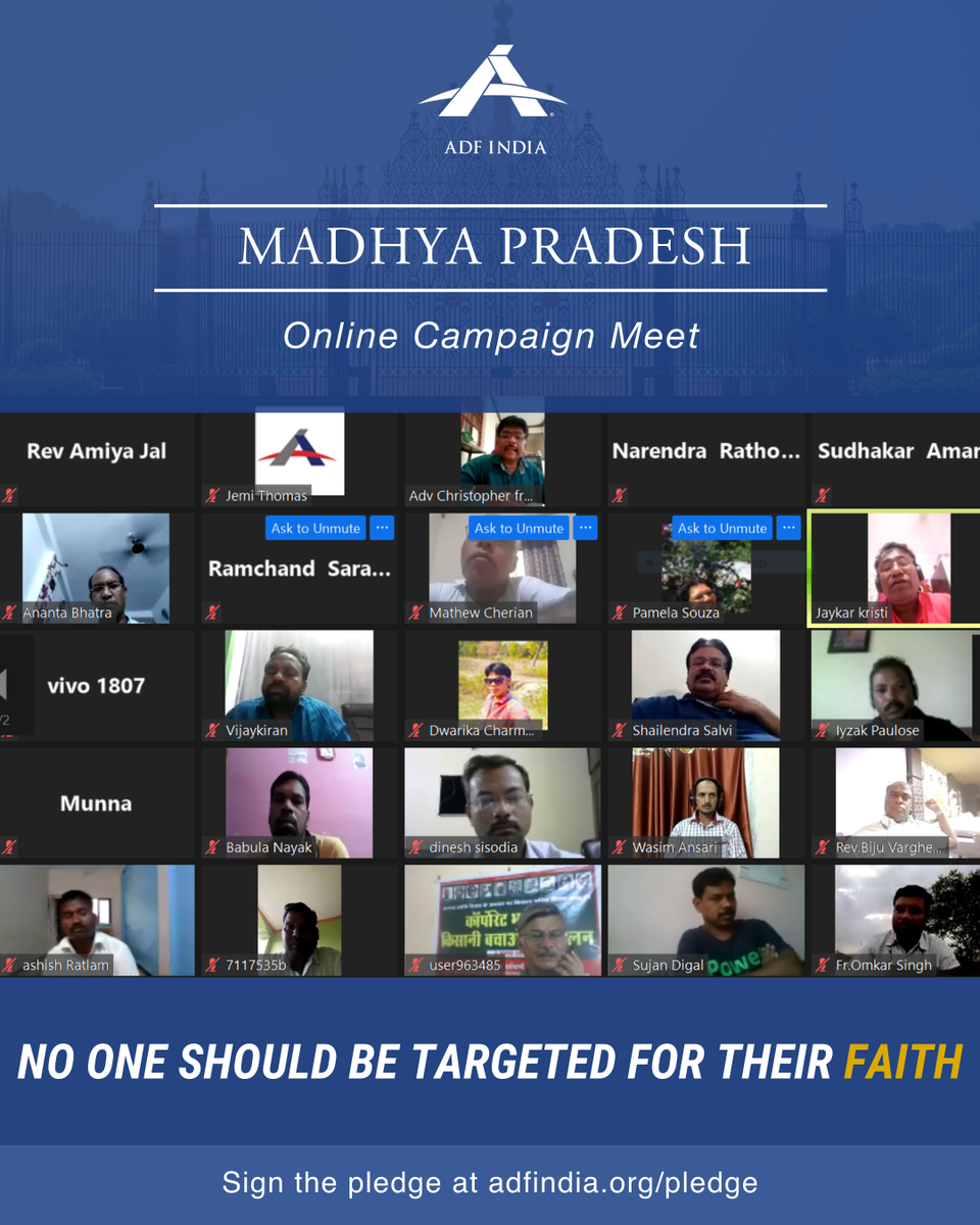ADF_India's tweet photo. Taking the message of our campaign "No One Should Be Targeted For Their Faith", ADF India organised online meets in Maharashtra and Madhya Pradesh. People from all faiths came together in unity to pledge for Religious Harmony. 

Sign the pledge: https://t.co/hnZAG91oLR https://t.co/hVkUvyDpFI