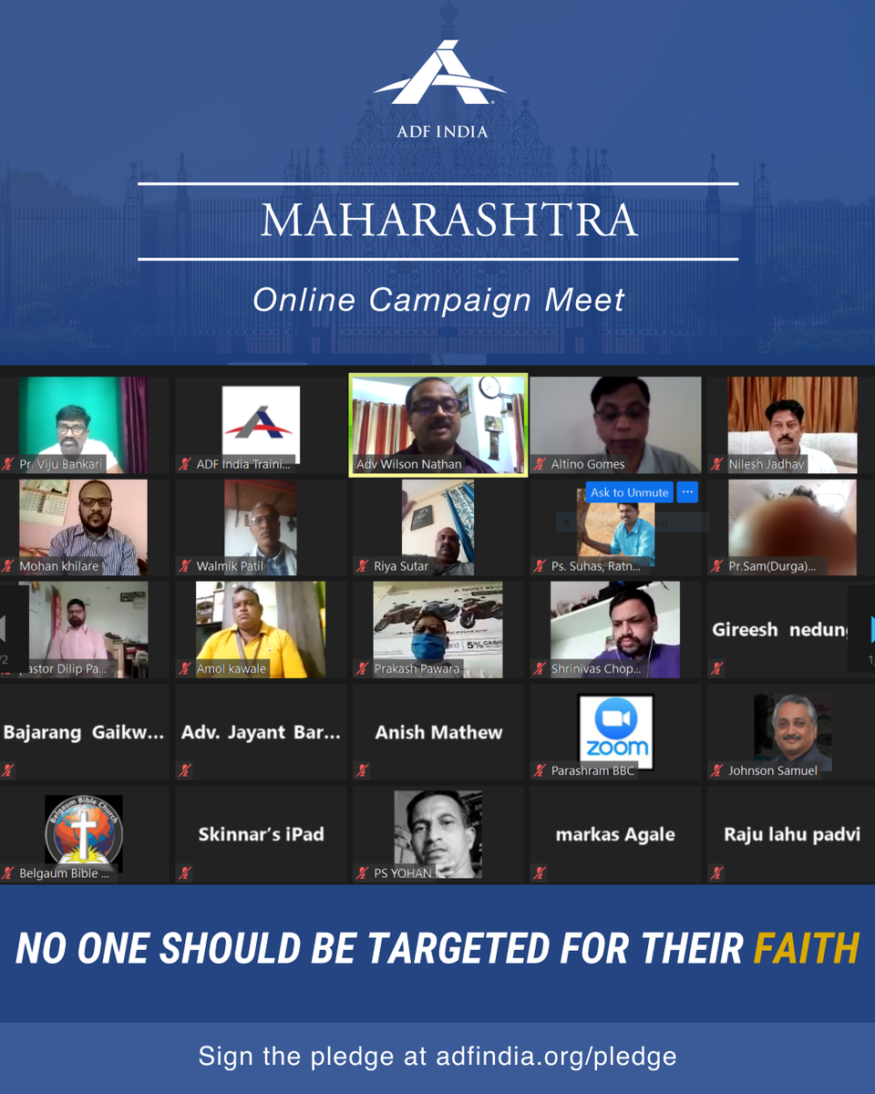 ADF_India's tweet photo. Taking the message of our campaign "No One Should Be Targeted For Their Faith", ADF India organised online meets in Maharashtra and Madhya Pradesh. People from all faiths came together in unity to pledge for Religious Harmony. 

Sign the pledge: https://t.co/hnZAG91oLR https://t.co/hVkUvyDpFI