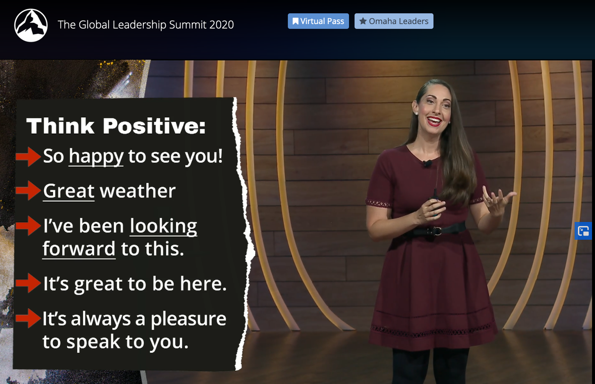 Changing how we approach opening of online meetings (for me it's Zoom)...as we have a tendency to start negative. I didn't even realize I was doing it. #GLS20 #OmahaGLS <a href="/vvanedwards/">Vanessa Van Edwards</a> Start with a wave!