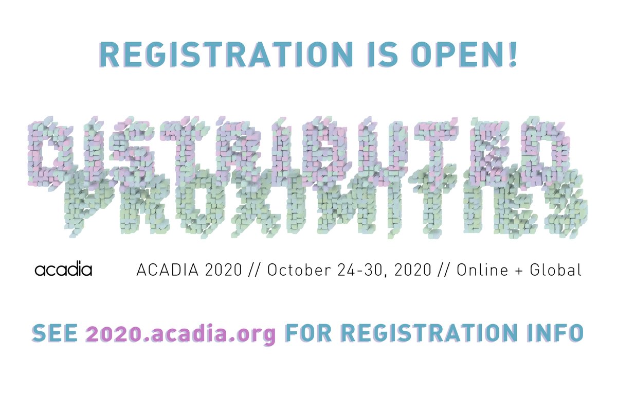 Registration for the #ACADIA2020 Conference #DistributedProximities is now open! This year, with the generous support of <a href="/autodesk/">Autodesk</a>, ACADIA is pleased to offer free registration to the full conference for all students globally.
2020.acadia.org/register.html