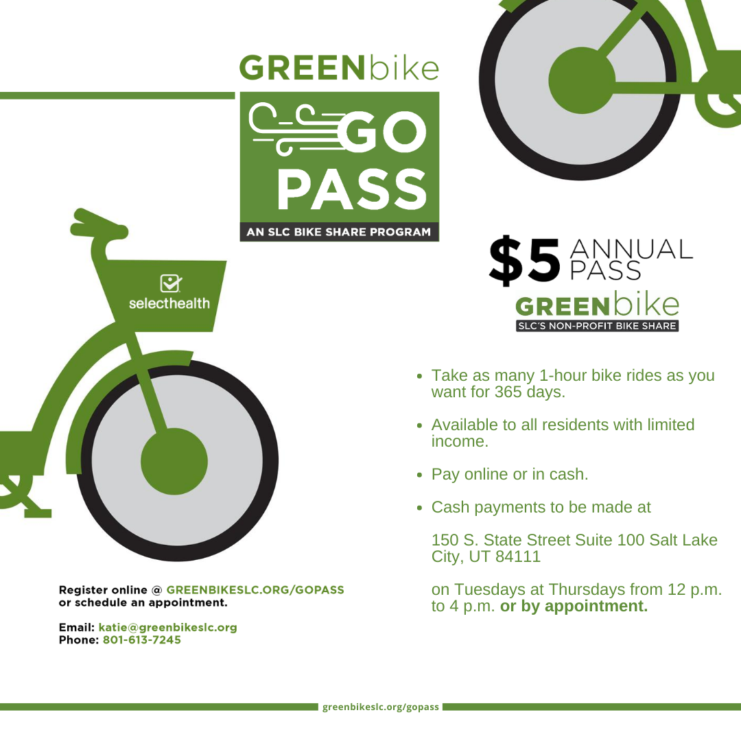 We are excited to formally announce the launch of our Go Pass! This pass is a discounted annual pass created to ensure everyone has access to our bikes. 🚲

Go to greenbikeslc.org/gopass to learn more!

#bikeutah #bikeshare #selecthealth #saltlakecity